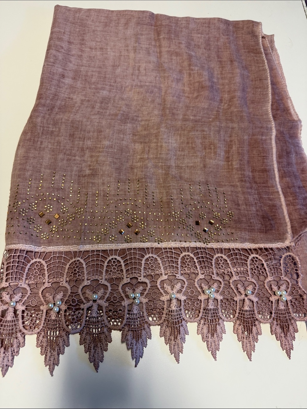 NWT Women’s Embellished Lace-Trim Scarf in Dusty Rose color